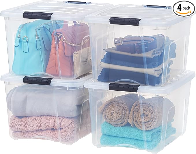IRIS USA 4-Pack 40 Quart Storage Bins with Lids, Clear | Transparent design makes contents easy to find. Perfect for moving, blankets, clothing, and garage storage. Nestable design