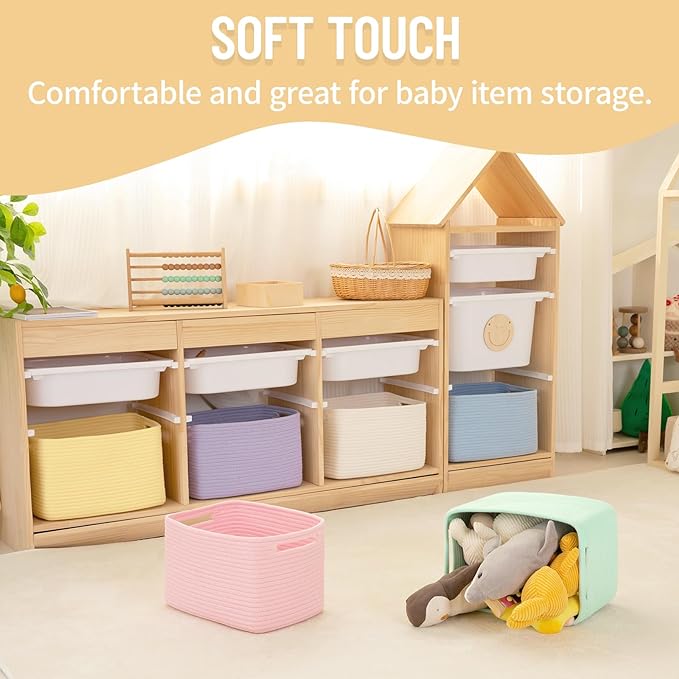 4 Pack Storage Baskets for Organizing Toys, Towels, and Clothes, Woven Basket for Shelves, Sturdy Nursery Cube Bins for Storage, 13''L x9''W x7.8''H, Purple