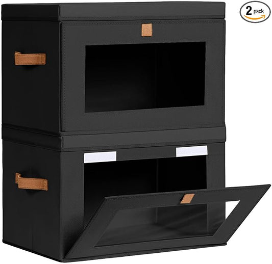 Homsorout Collapsible Storage Bins - Large Stackable Organizer Bins, Decorative Boxes with Handles & Window, Fabric Containers for Living Room, Closet, Dorm, 2 Pack, Black