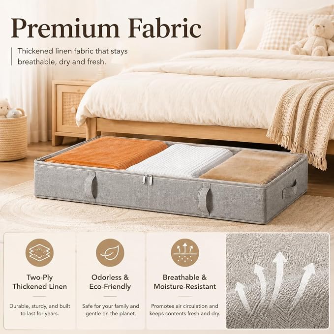 Vailando Storage Containers, 6 Inches Tall 60L Underbed Storage Bins with Sturdy Handles and Sidewalls, Closet Organizer for Clothes, Blankets, Seasonal Items, Gray, 2-Pack