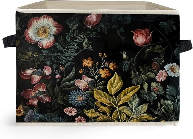Vintage Gothic Floral Storage Box Bins, Dark Cottagecore Wildflower Botanical Collapsible Storage Basket Organizer for Bedroom Laundry Room Home Clothes Books, Decor for Room