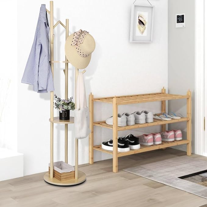 Wood Coat Rack Freestanding Rotary Coat tree with 3 Shelves and 9 Hooks | Heavy Duty Coat Rack Coat Hanger Stand for Entryway, Bedroom, Living Room – Holds Jackets, Coats, Hats, Bags (Natural)
