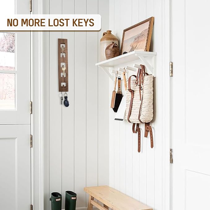 Vertical Wall Mounted Key Holder for Entryway – Narrow Wooden Key Rack with Hooks, Space Saving Organizer for Small Spaces, Solid Wood Rustic Design