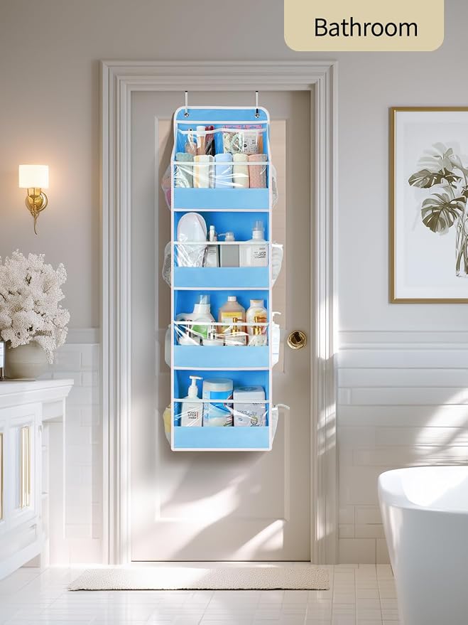 Yecaye 5 Tier Over the Door Organizer, Swing-proof Door Organizer Hanging with Clear PVC Windows, Behind the Door Storage for Bedroom Nursery Closet Laundry Pantry Bathroom, Blue