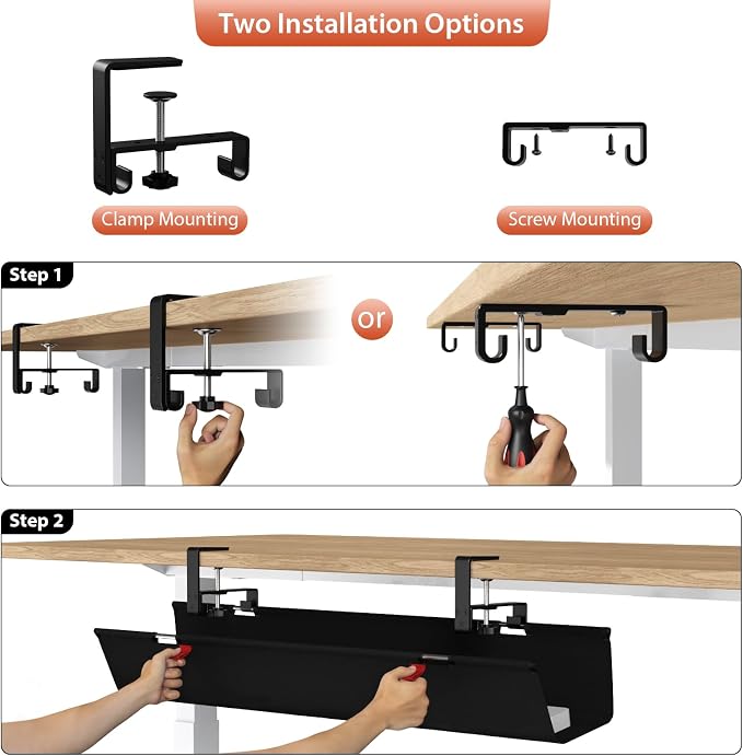 Univivi No Drill Under Desk Cable Management Tray, 36 inch Cable Management | Clamp/Screw Mount Desk Cable Management, Premium Fabric Cable Management Tray, Large Capacity Cord Organizer for Office, Home