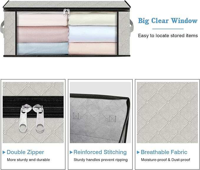 HomeHacks 8-Pack Clothes Organizer Storage Bags, 35L Storage Bins, White | Foldable Storage Box Container with Zippers, Clear Window, Reinforced Handles for Closet, Dorm, Pillows, Bedding, Sweater