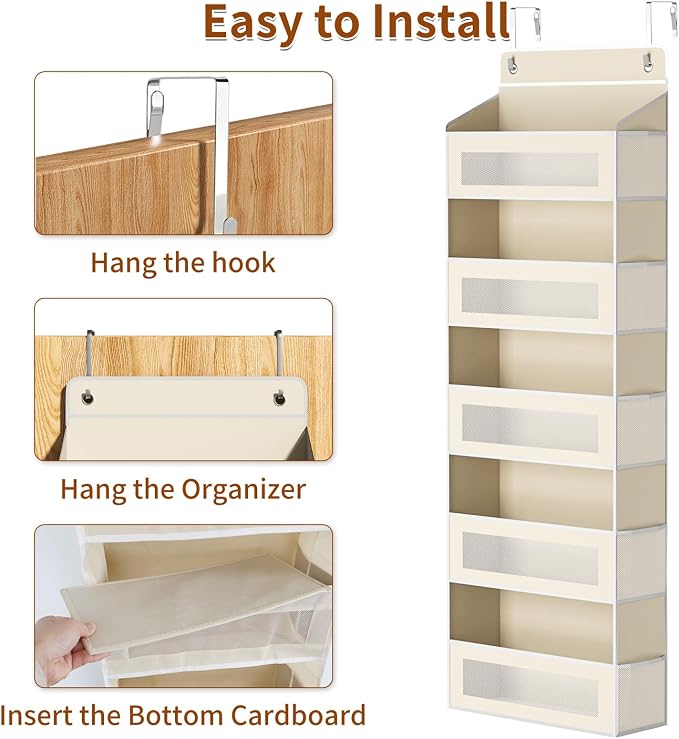 AQOOA 5-Tier Over The Door Organizer 44 lbs Capacity fit Standard Doors | Over the Door Storage with10 Side Pockets Behind Door Storage, Closet Door Organizer Hanging Shelf for Bathroom, Beige