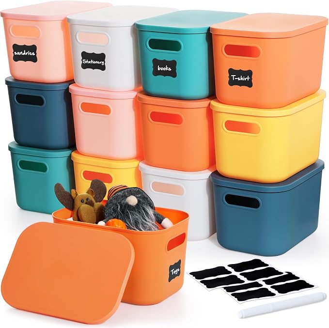 Thyle 24 Pack Classic Colorful Plastic Storage Bins with Lids 7 Quart Toy Storage Box Stackable Nestable Organizer Boxes with Handle and Labels for Classroom Shelf Bedroom Desktop Toys School Supplies