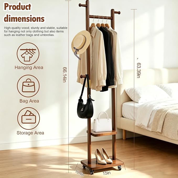 Solid Wood Coat Rack with Wheels, 2-Tier Rolling Garment Rack with 5 Hooks | clothing rack clothes stand hall tree entryway bedroom corner heavy duty