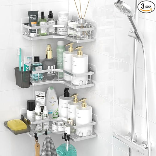 AKTECKE Corner Shower Caddy Bathroom Organizer: Adhesive Shower Rack Bathtub Shelves - 3Pack No Drilling Shower Shelf For Inside Shower - Stainless Steel Rustproof Bathroom Stuff