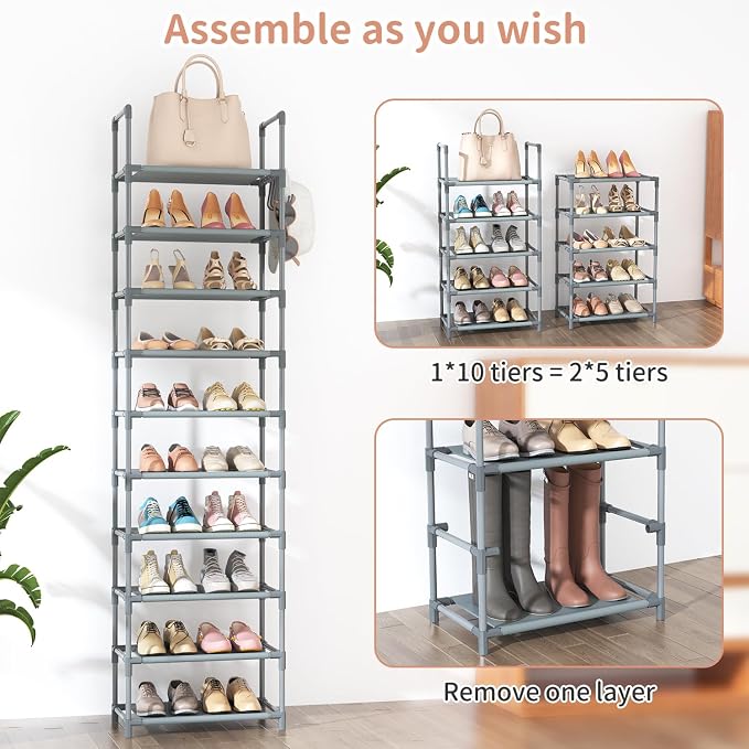 LANTEFUL 10 Tiers Tall Shoe Rack 20-25 Pairs Boots Organizer Storage Sturdy Narrow Shoe Shelf for Entryway, Closets with Hooks, Grey