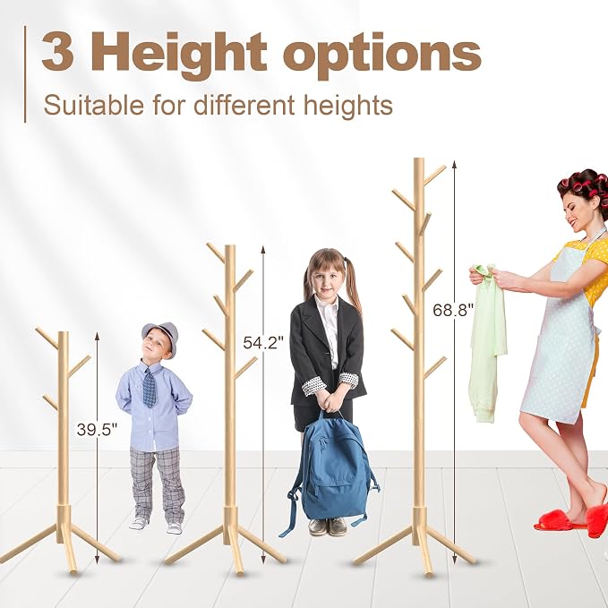 Aliphon Wooden Coat Rack Stand, Freestanding Coat Rack with 8 Hooks, 3 Adjustable Size Coat Tree for Hats, Coats, Scarves bags, Coat Hanger Stand Used in Bedroom/Office/Entryway (Natural)