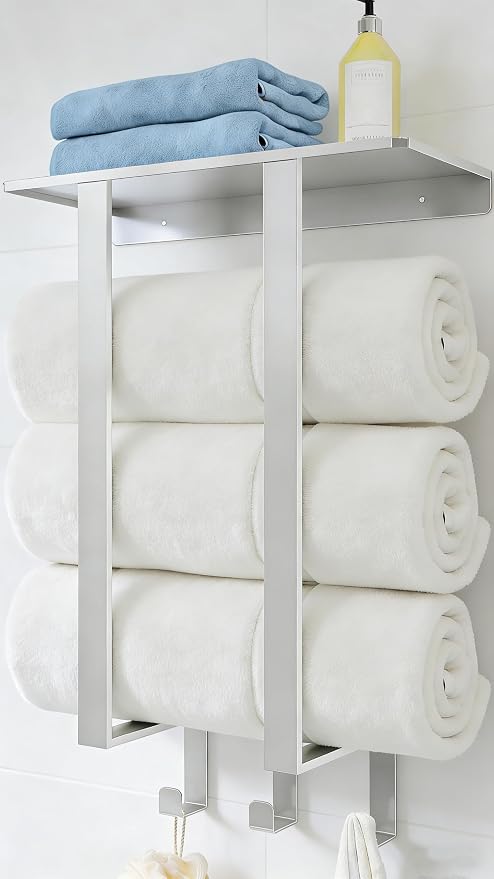 Bethom Towel Rack Wall Mounted with 3 Hooks for Bathroom, Brushed | Stainless Steel Towel Storage for Small Bathroom, for Rolled Bath Towels