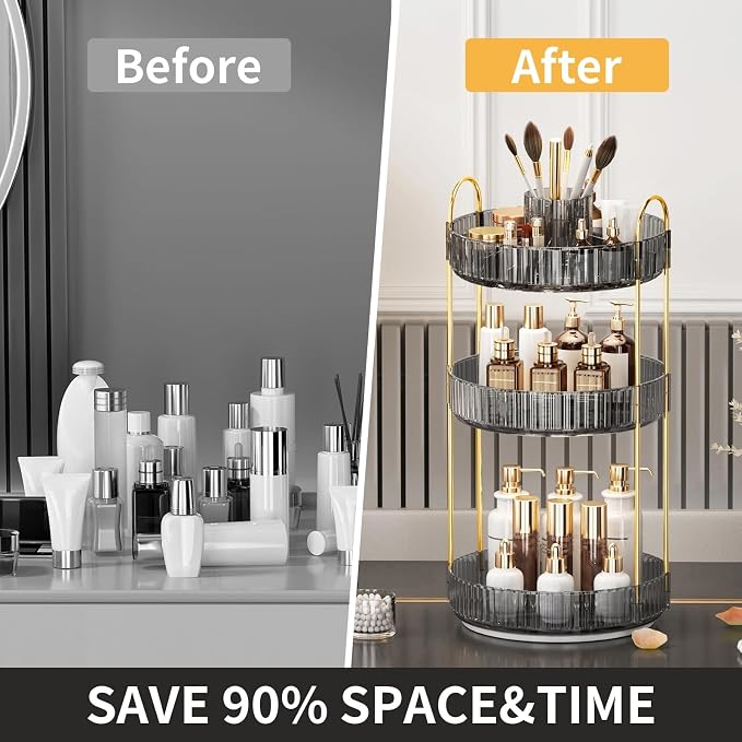 360° Rotating Makeup Organizer, Large-Capacity Skincare Make Up Storage 3 Tier Perfume Organizers Cosmetic Dresser Organizer with Makeup Brush Holder, Fits Bedroom, Bathroom, Vanity Shelf Countertop