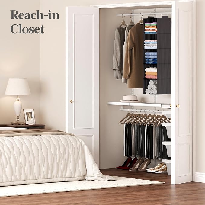Lifewit 5 Tier Hanging Portable Closet Storage Organizer for Shelves, Gray | Foldable Clothes Shelf with 2 Sturdy Hooks, Sweater/Coat/Shoes Clothing Organization for Wardrobe, Dorm, Bedroom