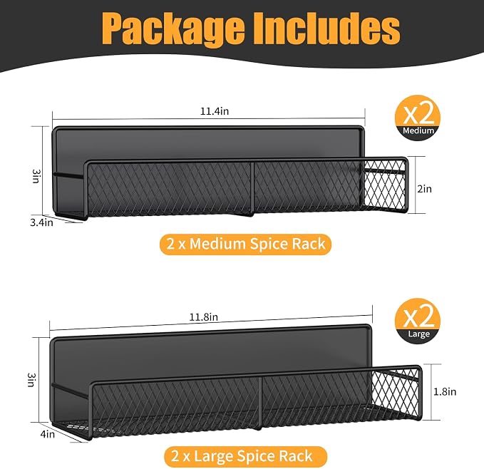 DTUQYX Magnetic Spice Rack for Refrigerator, 4 Pack 100% Metal Strong Magnet Fridge Shelves, Space Saving Spice Organizer, No Drilling Moveable Home Kitchen Laundry Room Storage Organization, Black