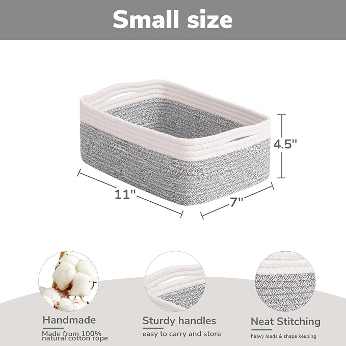Goodpick 3-Pack Cotton Rope Baskets for Shelves, 11 x 7 x 4.5 in | Rope Baskets for Shelves, Closet Organizer Bins, Empty Baskets for Gifts, Woven Basket for Living Room, White & Brown