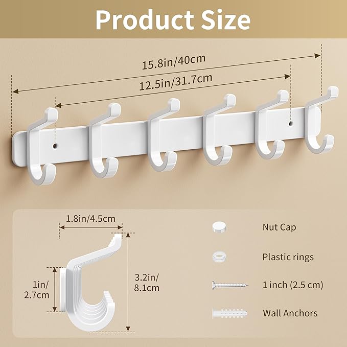pickpiff Coat Rack Wall Mounted Heavy-Duty: Metal Coat Hanger 6 Hooks for Hanging Hat, Clothes, Robe, Keys, Backpack, Bathroom Towels, Jacket, Purse - Closet, Door, Entryway, Mudroom (White, 1 Pack)