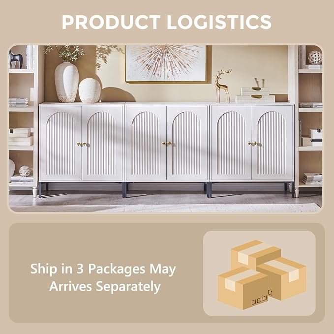 IFGET 92.63" W Modern Arched Sideboard Buffet Cabinet with Storage, White | Fluted Arch Sideboard Cabinet w/Adjustable Shelves, Wooden Modular Kitchen Cabinet for Dining& Living Room, Entryway