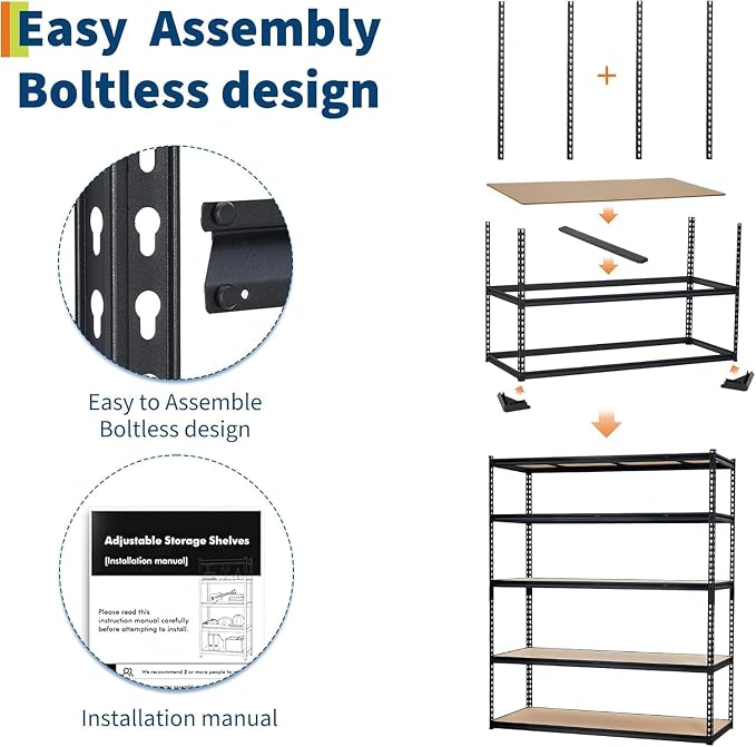 Storage Shelving Unit, 5-Tier Adjustable Metal Storage Shelves, 30" L x 12" W x 60" H Heavy Duty Garage Storage Shelves for Kitchen Pantry Basement Bathroom Laundry