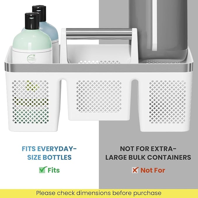 BYUNER Plastic Shower Caddy Dorm: Portable Shower Basket Tote with Handle, 4 Compartments, All-Side Drainage, Hard Bathroom & Cleaning Caddy Organizer for college Dorm Room Essentials, White/Silver