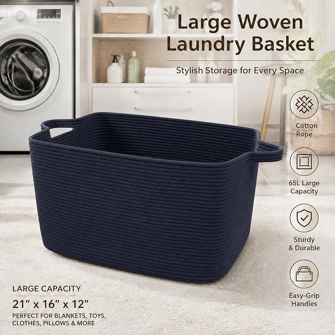 65L Collapsible Woven Rope Laundry Basket with Handles,Navy | 21x16x12 Foldable Rectangular Blanket Basket for Toys, Clothes & Pillows,Ideal for Nursery, Bathroom, Bedroom, Living Room