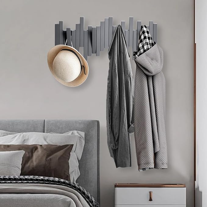 MinBoo Bamboo Multi Hook Coat Rack Modern, Unique, Space-Saving Coat Hanger with 4 Flip-Down Hooks for Hanging Scarves, Key, Hat, Umbrella and More, Gray