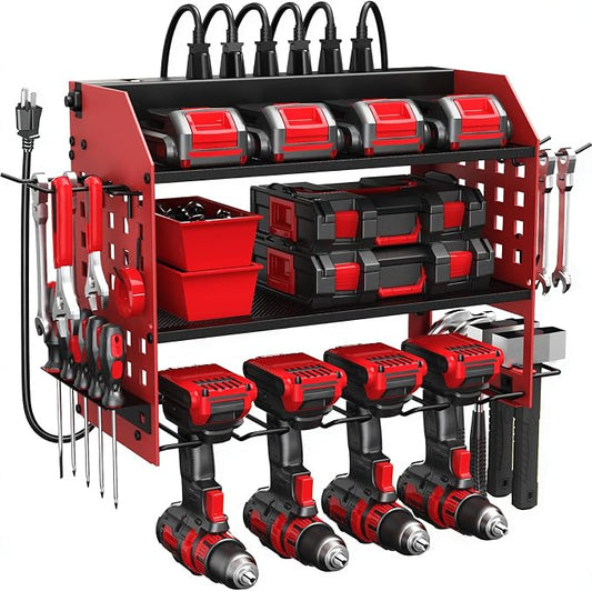 SPACECARE Power Tool Organizer with 6 Outlets, 3-Layer Heavy Duty Wall Mount Drill Storage Rack, Cordless Tool Charging Station with Utility Shelf, Garage Organization and Storage for Workshop- Red