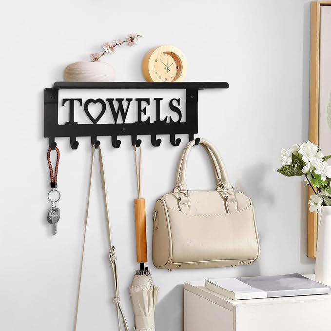 IBosins Towel Rack with Metal Shelf Bathroom Towel Holder 8 Hooks Black | 16-Inch Towel Hanger Wall Mounted Robes, Clothes, Towels Organizer for Bathroom, Hot Tub, Kitchen, Bedroom, Home