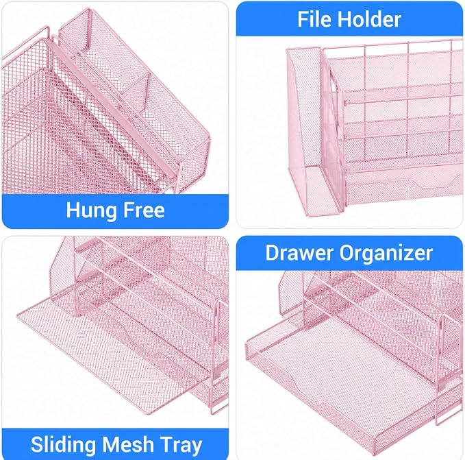 OPNICE Desk Organizer, 4-Tier Desktop File Organizer with Drawer and Pen Holders, Office Desk Accessories, File Sorters, Workspace Organizers for Office Supplies(Pink - Metal Pen Holder)