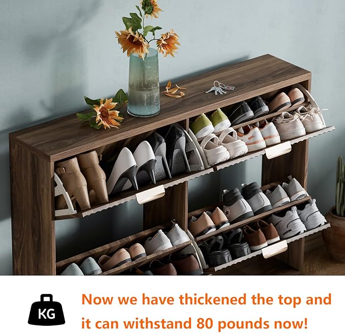 Shoe Cabinet Storage,Modern Freestanding Organizer with 4 Flip Drawers,Narrow Shoe Rack Cabinet for Entryway,Walnut
