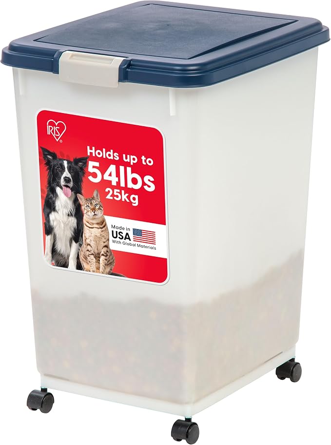 IRIS USA Dog Food Storage Container, Up to 54 Pounds, Attachable Wheels, For Dog Cat Bird and Other Pet Food Storage Bin, Keep Fresh, Easy Mobility - Made in USA, Navy/Pearl