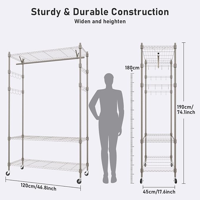 Heavy Duty Clothes Rack, Adjustable Rolling Garment Rack with Shelves, Freestanding Wardrobe Rack 1 Clothes Hanging Bar, 3 tired Wire Shelving, 4 Hanger Hooks - Hold Up to 400Lbs (Gray, 1Rod 4Hook)