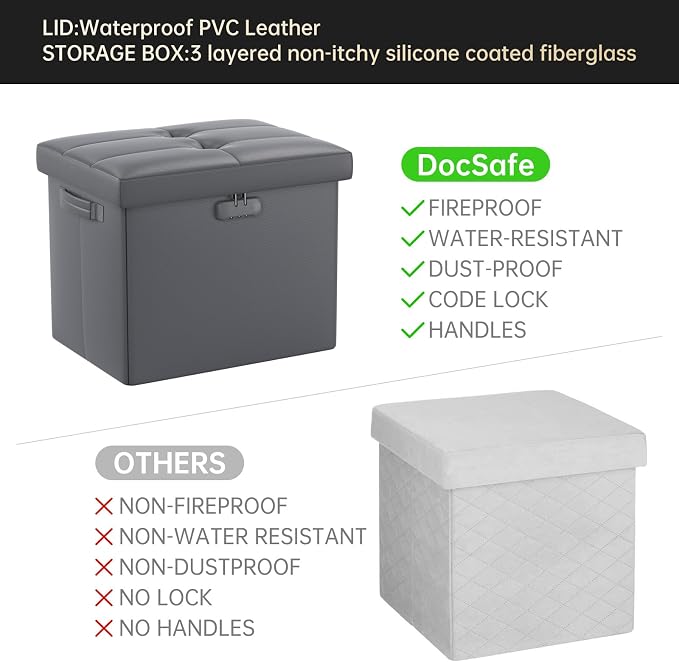 DocSafe Storage Ottoman with Lock,Fireproof Folding Ottoman Foot Rest Stool Storage Chest with Storage Safe for Important Documents,Waterproof 17 Inches Short Ottoman Foot Stool with Handles,Grey