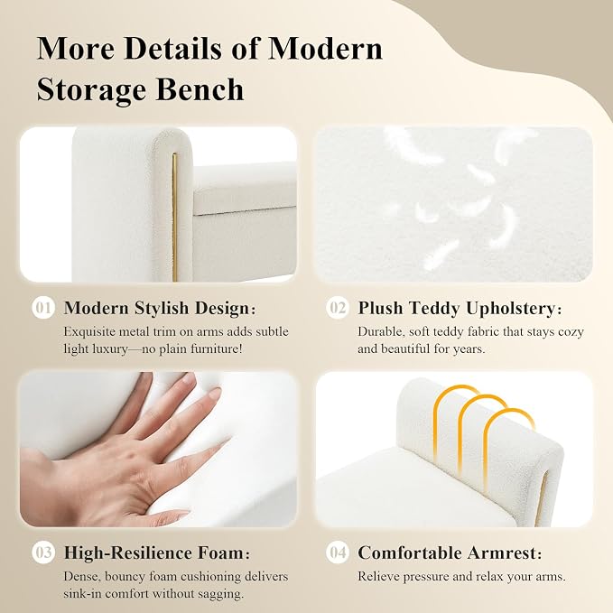 Storage Ottoman Bench, End of Bed Bench with Pull-Ring | 52" Teddy Upholstered, Window Bench with Armrest, Generous Storage, Safety Hinge, Holds 300 LBS, for Bedroom, Cream