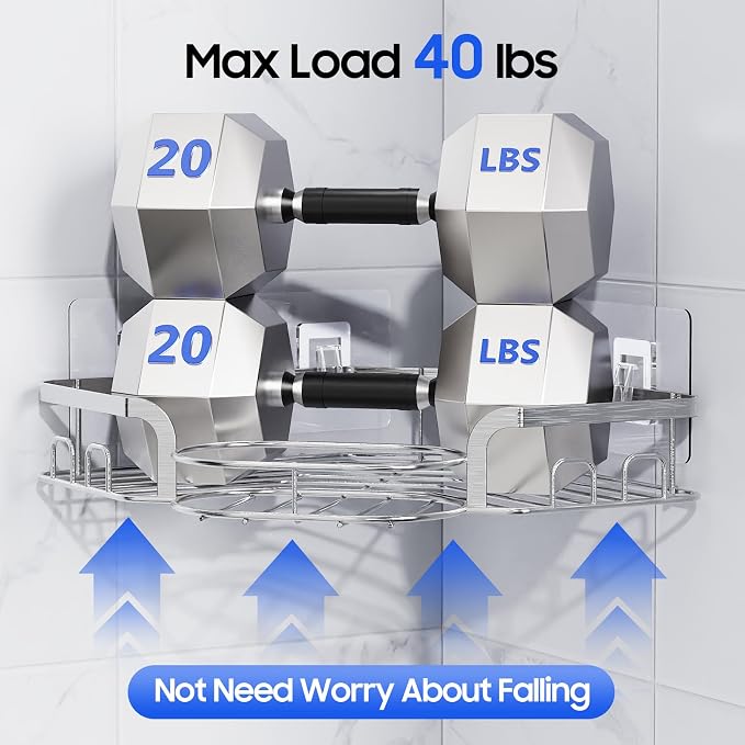 Corner Shower Caddy, Rustproof Shower Organizer with Soap Holder and 8 Hooks, No Drilling Adhesive Shower Shelves for Inside Shower, Large Capacity Shower Rack for Bathroom Shower Storage, Sliver