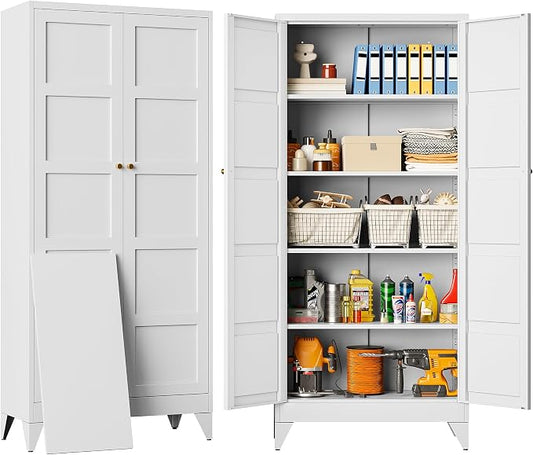 SISESOL Wide & Deep Pantry Storage Cabinet with 2 Doors and 5 Shelves,72 inch Tall Metal Storage Cabinet,Large Cupboard,White Cabinets for Home,Kitchen,Bathroom,Dining/Living Room