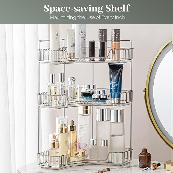 Aveniee Corner Bathroom Counter Organizer, Bathroom Countertop Shelf Makeup Organizer for Vanity Perfume Tray for Corner Storage (3 Tiers, Grey)