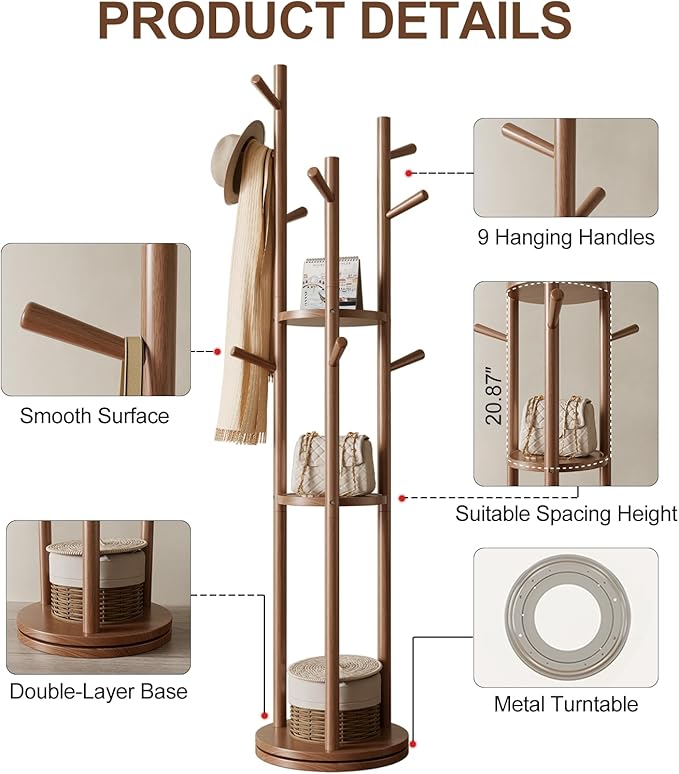Muwuele Solid Wood Rotary Coat Rack, Freestanding Coat Rack with 3 Shelves and 9 Hooks, Coat tree for Bedroom, Entryway, Livingroom, Coat Hanger Stand for Coats, Scarves, Handbags (Walnut)