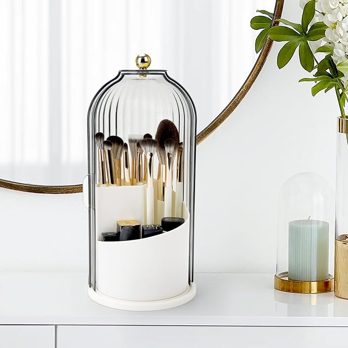 QIYVLOS Toothbrush Holders with Sliding Lid, Rotating 3 Slots Bathroom Organizer Countertop, Tooth Brush Toothpaste Holder Bathroom Counter Stand Sink Organizer Caddy for Vanity Makeup Brushes Holder
