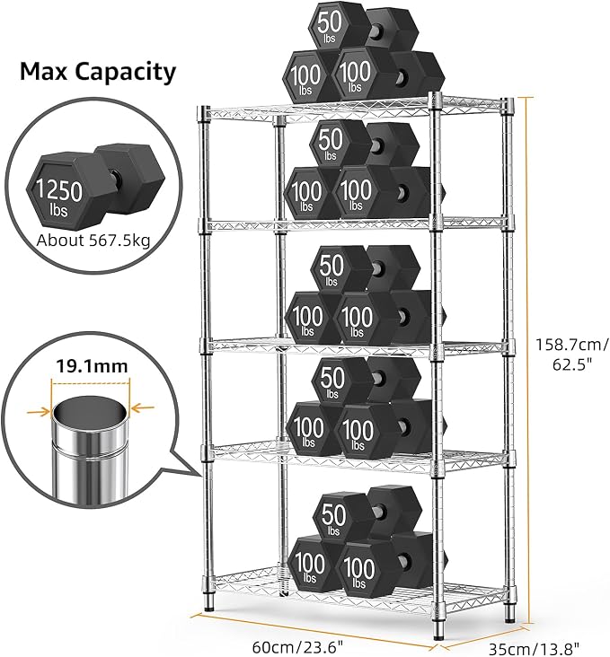 M MZG 1250 lbs Steel Heavy Duty 5-Tier Utility Shelving Unit Steel Organizer Wire Rack for Home,Kitchen,Office,Chrome (13.7" D x 23.6" W x 62.4" H)