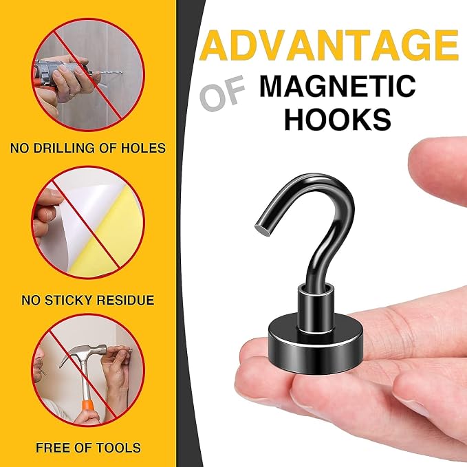 DIYMAG Magnetic Hooks 75pcs 30lbs Cruise Essentials 2026 Magnet Hook Black | Neodymium Heavy Duty Strong Magnets Hanging Ship Cabins Refrigerator Fridge Classroom Beach Vacation Kitchen Grills Home Tool
