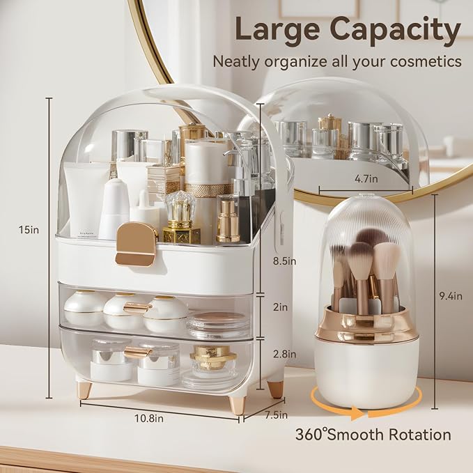 Makeup Organizer for Vanity with Brush Holder, Lid and 2 Drawers, Rose Gold | Large Capacity Bathroom Counter Organizer for Skincare, Cosmetic Storage, Dustproof, Waterproof, Teen Girl Gifts
