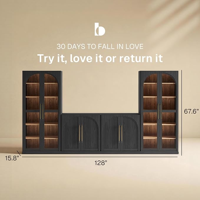 BELLEZE 3-Piece Modular TV Stand Set - 1 Arched Wood Door Sideboard and 2 Tall Cabinets, Modern Media Console with Adjustable Shelves for Living Room(Ebony)