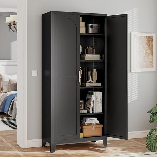 Zevemomo 71" Metal Pantry Cabinet, Tall Metal Storage Cabinet for Kitchen | Steel Cabinet with 2 Doors and 4 Adjustable Shelves, Freestanding Cupboard for Kitchen, Bathroom, Dinning Room or Laundry