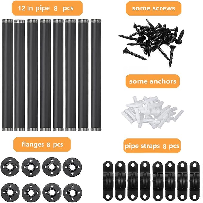 12 Inch Industrial Pipe Shelf Brackets Set of 8 - Black Iron Rustic Wall Mounted DIY Shelving Brackets Hanging Custom Pipe Brackets for Floating Shelves
