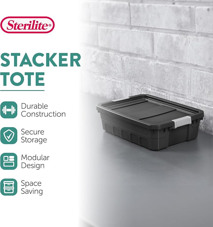 Sterilite 12-Pack Plastic Storage Bins with Lids, Stackable Containers, 10 Gallon, Black