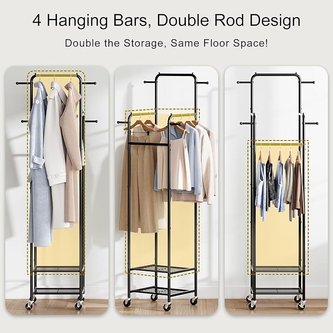 Small Clothing Rack with Wheels, Narrow Rolling Clothes Rack with 2 Shelves | Gasvadivum 71" Tall Sturdy Metal Garment Rack with 4 Hanging Rods & 4 Hooks, Portable Coat Rack for Bedroom, Bathroom, Black