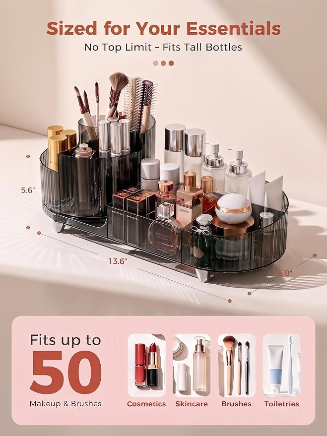 Booklov Rotating Makeup Organizer for Vanity Countertop, Smoke | Clear Acrylic Cosmetic Display Case, Large Beauty Brush Holder for Bathroom Counter, Skincare Lipsticks Storage