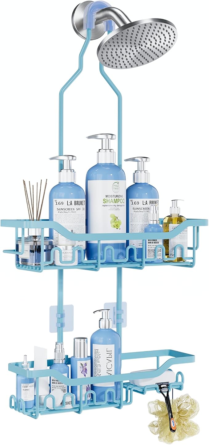 Upgraded Extended Length Shower Organizer with Hooks, Rustproof Shampoo Soap Holder, Large Hanging Bathroom Caddy, Blue